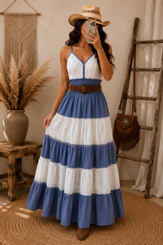 2673 Vestido longo regata alça fina boho indiano bicolor jeans bordado