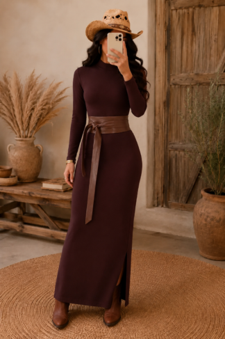 2024 Vestido longo manga longa com fenda na lateral