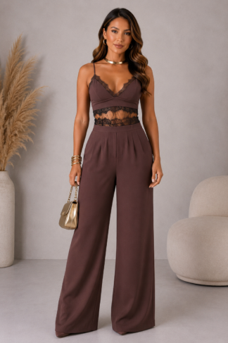 2659 Conjunto Wari cropped regata e calça pantalona barra renda alfaiataria