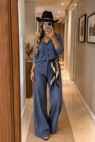 2030 Conjunto Kelly camisa bolsa e calça pantalona botão jeans - disponível peças separadas