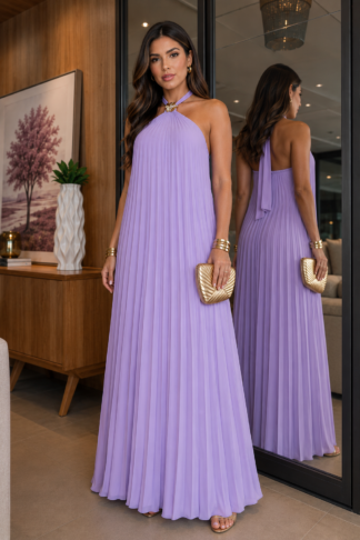 2415 Vestido longo frente única fivela flor costa nua