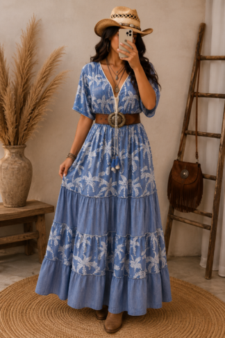 2685 Vestido indiano coqueiro longo manga curta