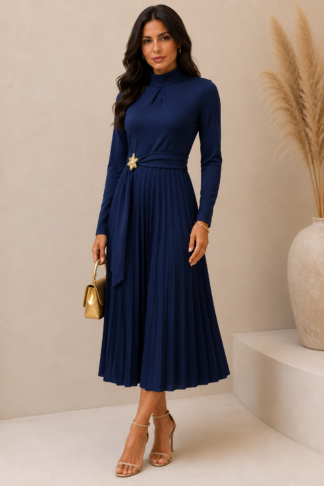 2616  Vestido Lui manga longa cinto faixa com fivela lanzinha plissado