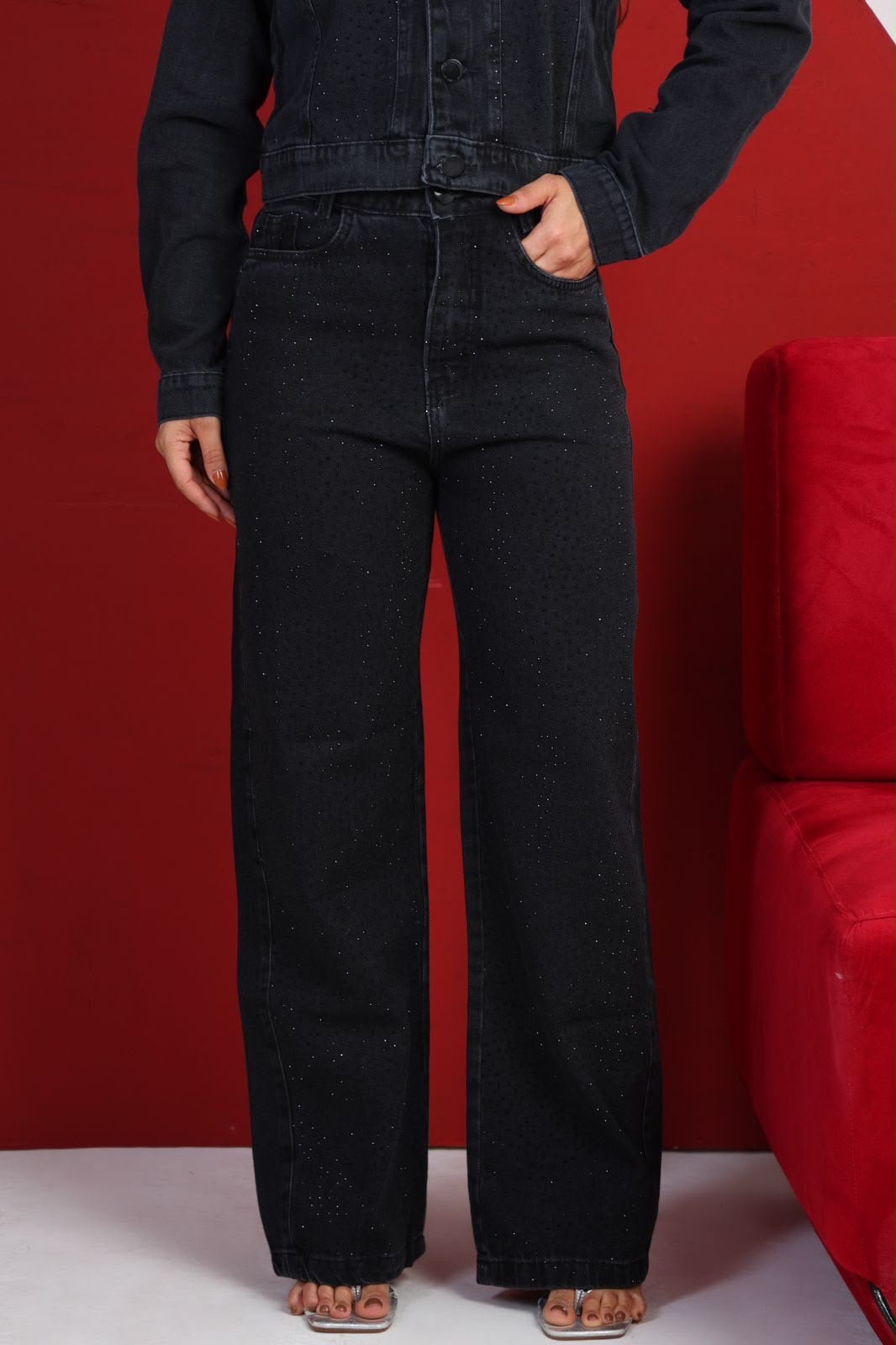 2044 Calça wide leg jeans brilhos - Imagem 2