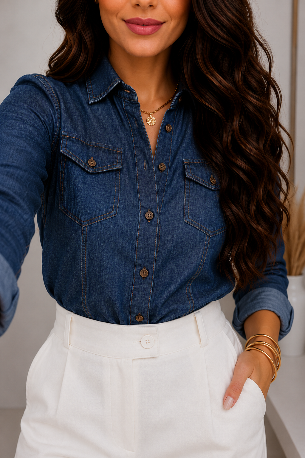 465 Camisa Gata bolso botão jeans