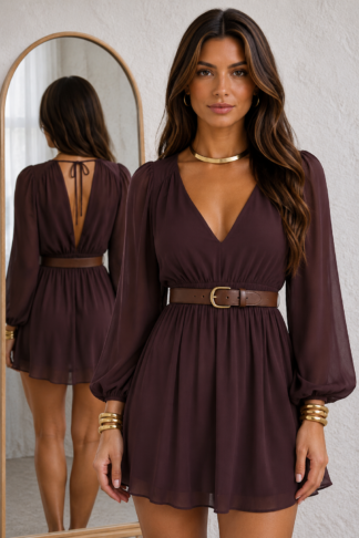2038 Macaquinho vestido Adri manga longa chiffon
