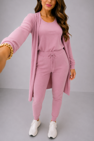 2626 Conjunto Leo 3 peças blusa regata max cardigan e calça estilo jogger canelado