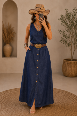 2030 Conjunto Kelly blusa regata e saia longa botão jeans - disponível peças separadas