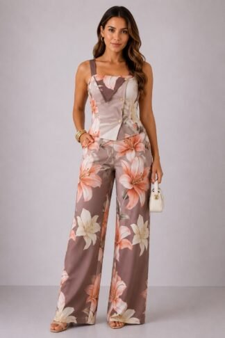 2625 Macacão Emily estampado alça fina detalhes botão pantalona