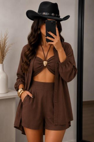 2034 Conjunto 3 peças Isa cropped fivela max camisa e shorts linho