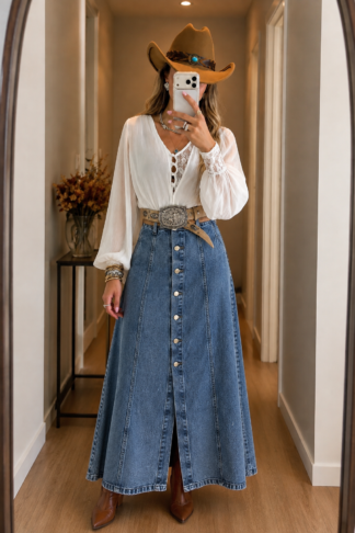 2199 Saia Alex longa botão jeans