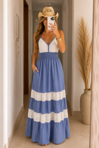 2673 Vestido longo regata alça fina boho indiano bicolor jeans bordado
