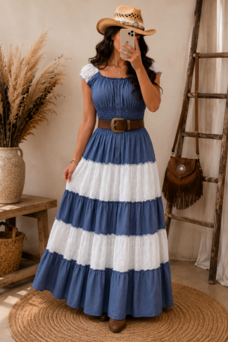 2673 Vestido Mana longo ombro cigana boho indiano bicolor jeans bordado