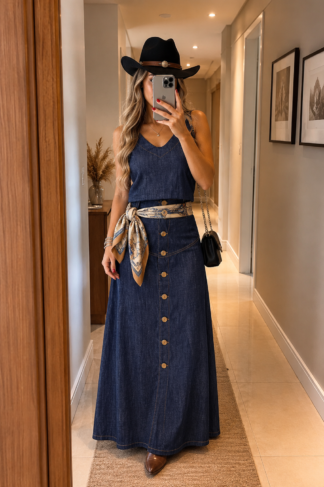 2030 Conjunto Kelly blusa regata e saia longa botão jeans - disponível peças separadas