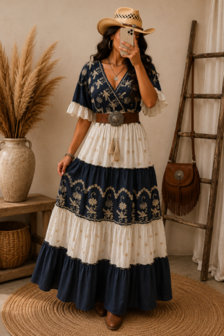 2685 Vestido indiano floral bordado manga curta babado