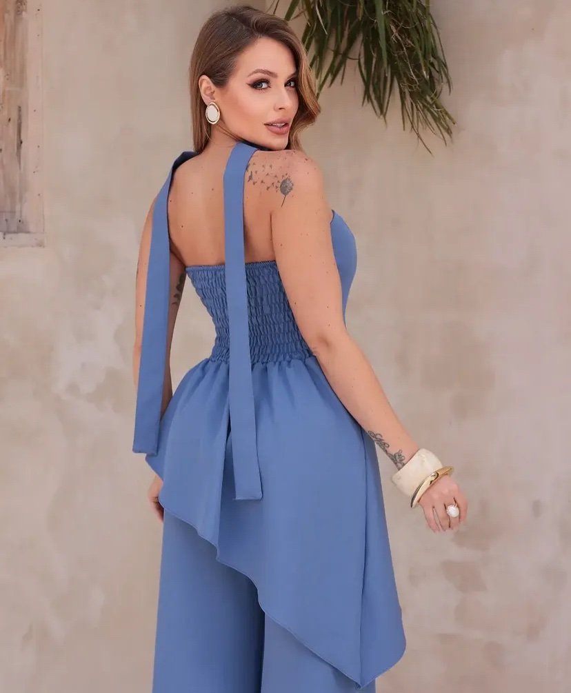 2625 Conjunto Emily blusa tomara que caia assimétrica e calça max pantalona - Imagem 7