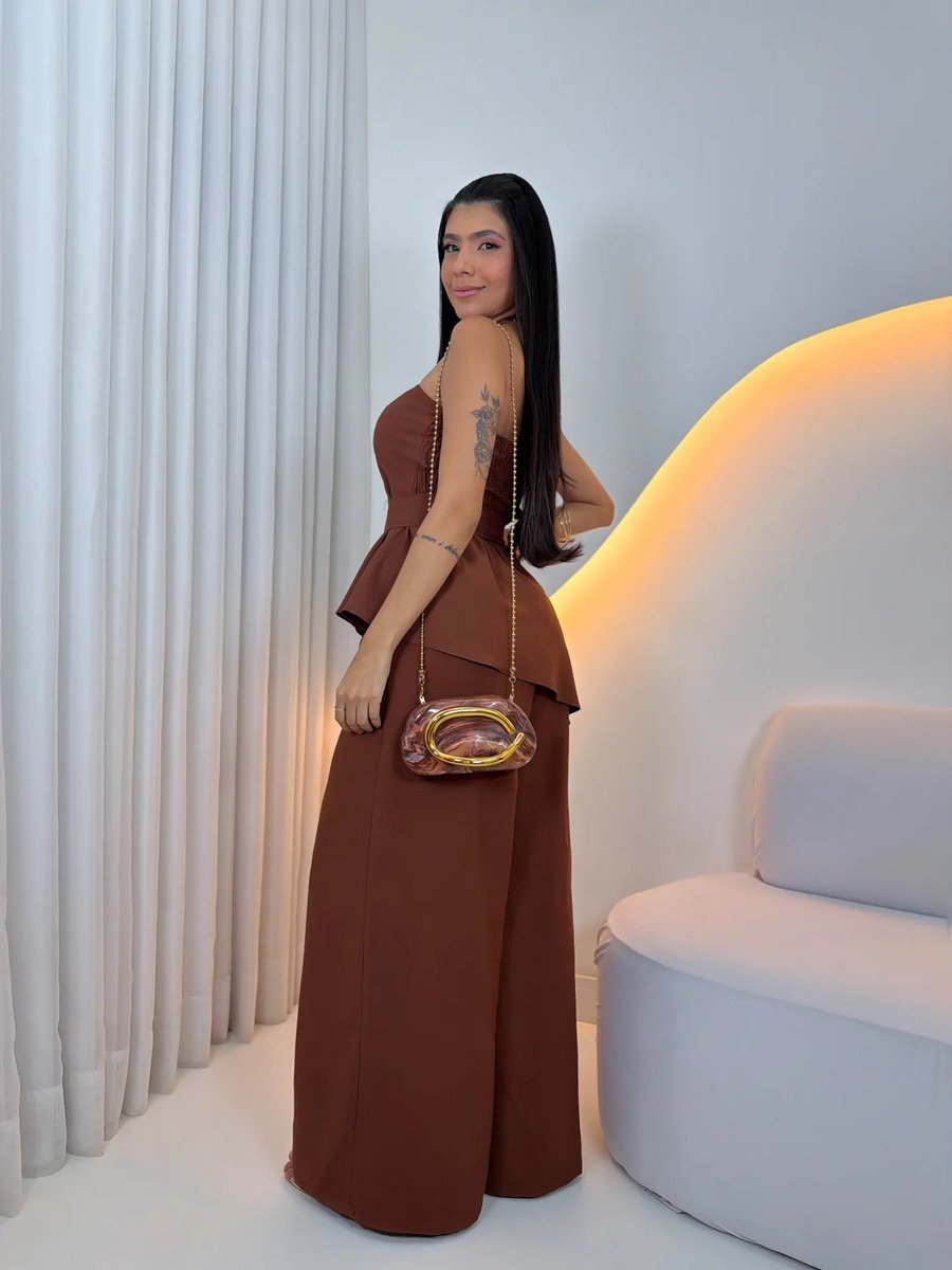 2625 Conjunto Emily blusa tomara que caia assimétrica e calça max pantalona - Imagem 4