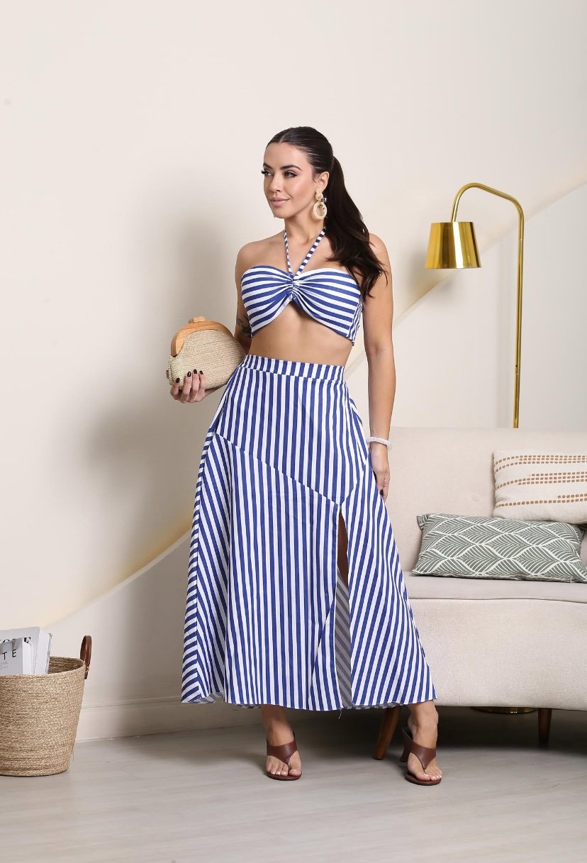 2021 Conjunto Oj listrado cropped multi formas e saia midi fenda - Imagem 2