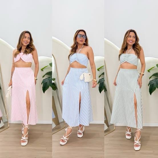 2021 Conjunto Oj listrado cropped multi formas e saia midi fenda - Imagem 4