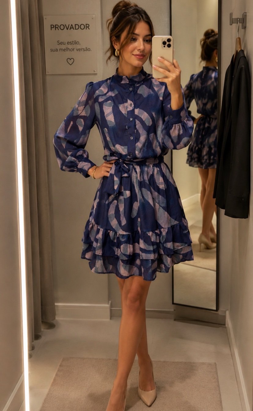 2038 Vestido Adri botão manga longa estampado chiffon - Imagem 24