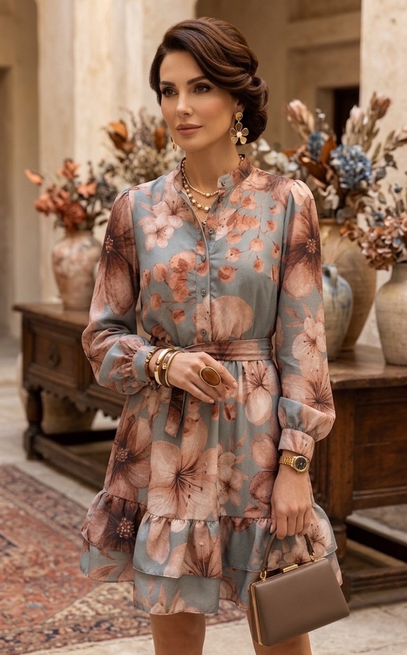 2038 Vestido Adri botão manga longa estampado chiffon - Imagem 12