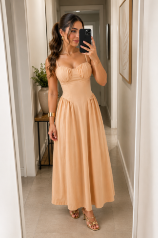 2048 Vestido Eveli longo corselet busto concha alça fina alfaiataria