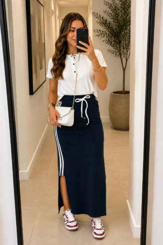 2797 Conjunto Jhose blusa t-shirt manga curta e saia fenda lateral longa moletom