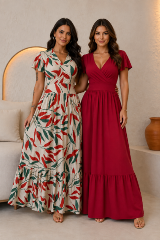 2904 Vestido Cida longa decote V transpassado manga curta