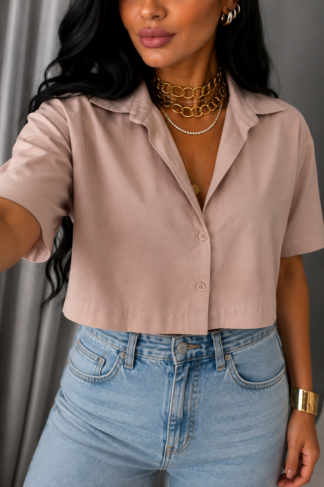 1306 Cropped camisa manga curta botão