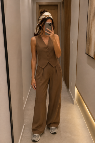 2058 Conjunto Beli colete botão encapado e calça pantalona alfaiataria