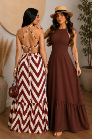 2065 Vestido Joe longo costa nua liso zig zag