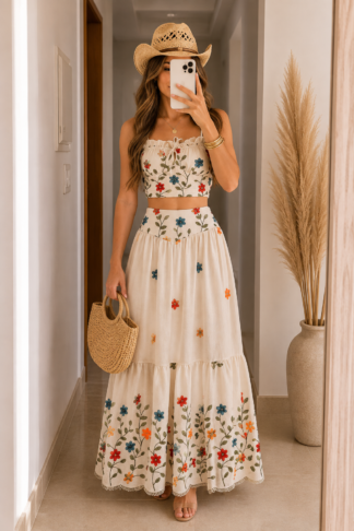 2099 Conjunto Liz cropped babadinho e saia longa linhão bordado tropical