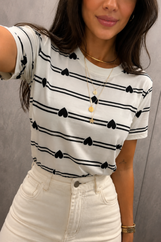 2773 Blusa t-shirt manga curta coração listrado