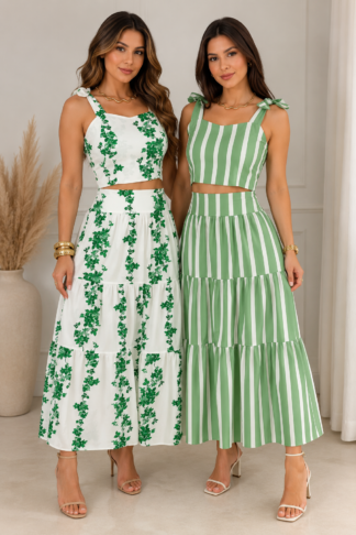 2760 Conjunto Caua cropped alça amarrar e saia midi listrado floral