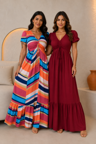 2879 Vestido Cida longo manga curta decote regulagem