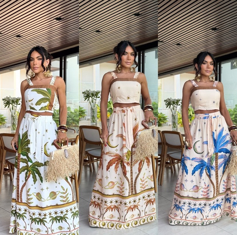 2052 Conjunto Sonia cropped regata e saia longa cinto faixa palmeira tropical - Imagem 2