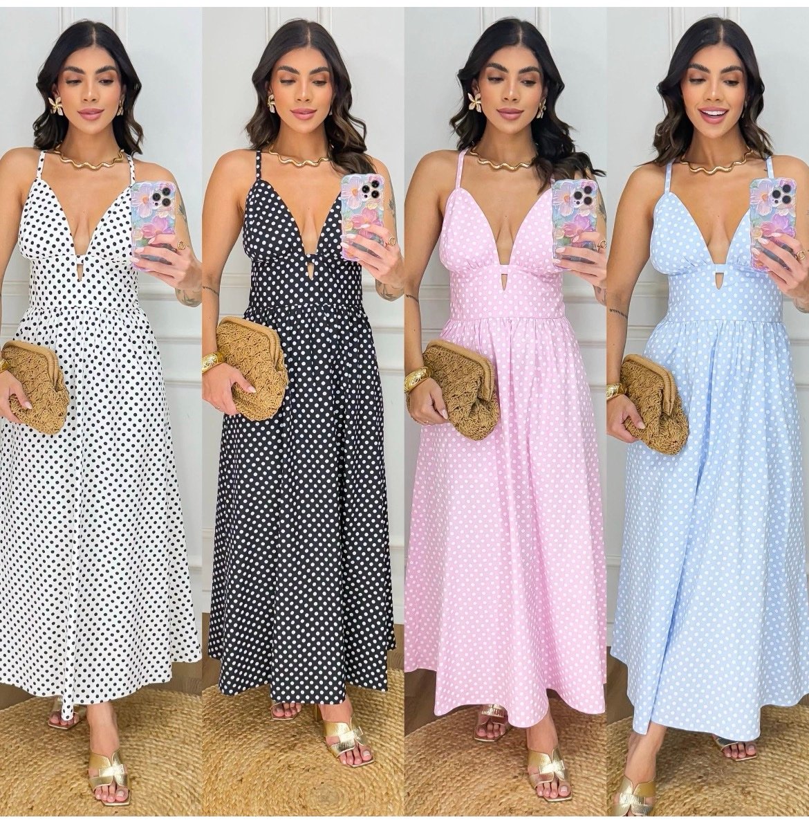 2761 Vestido Caua longo regata alça fina decote V elástico listrado liso poá - Imagem 6