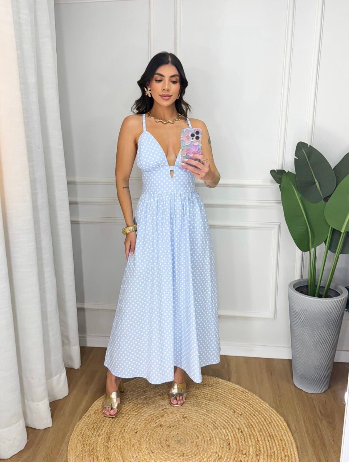 2761 Vestido Caua longo regata alça fina decote V elástico listrado liso poá - Imagem 5