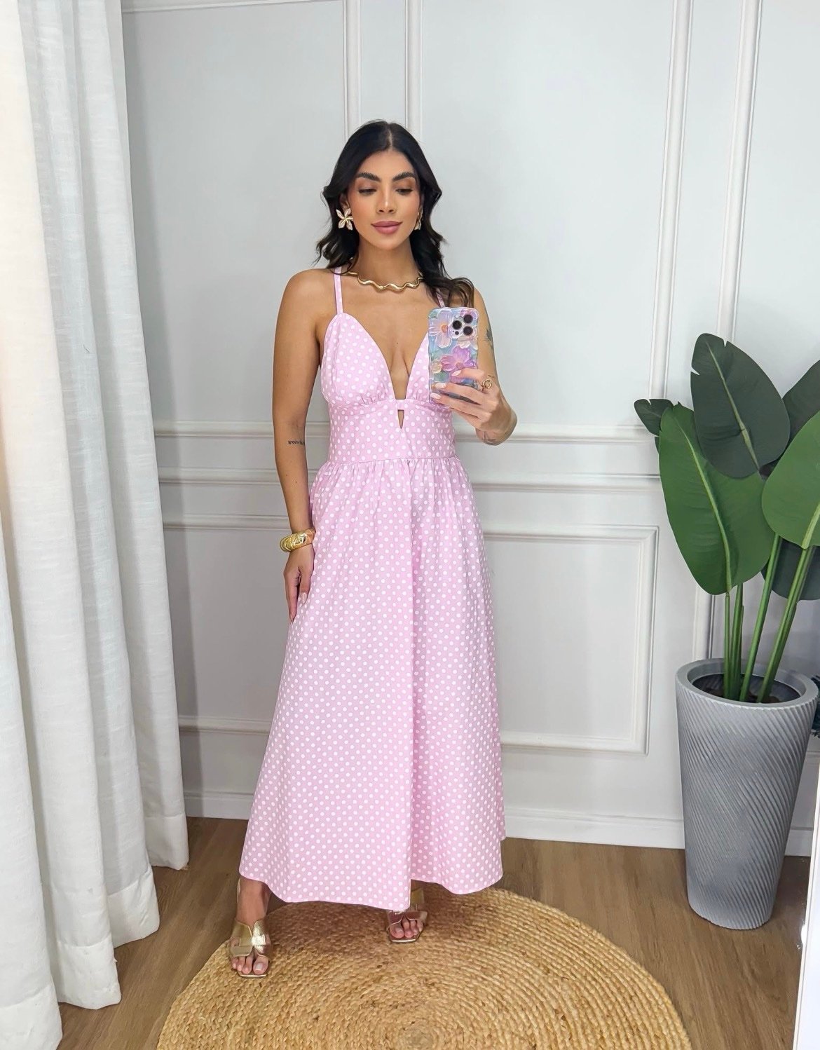 2761 Vestido Caua longo regata alça fina decote V elástico listrado liso poá - Imagem 2