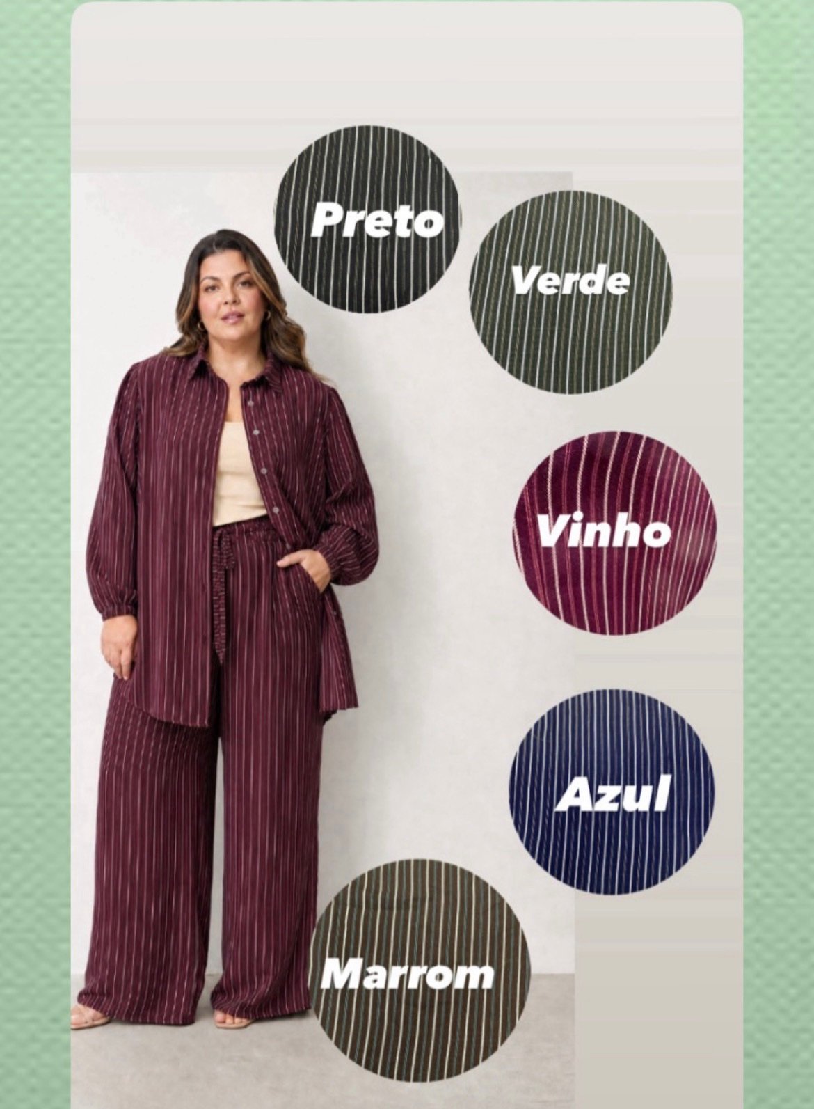 2831 Conjunto Sofia chemise botão manga longa e calça pantalona elástico listrado póa - Imagem 2