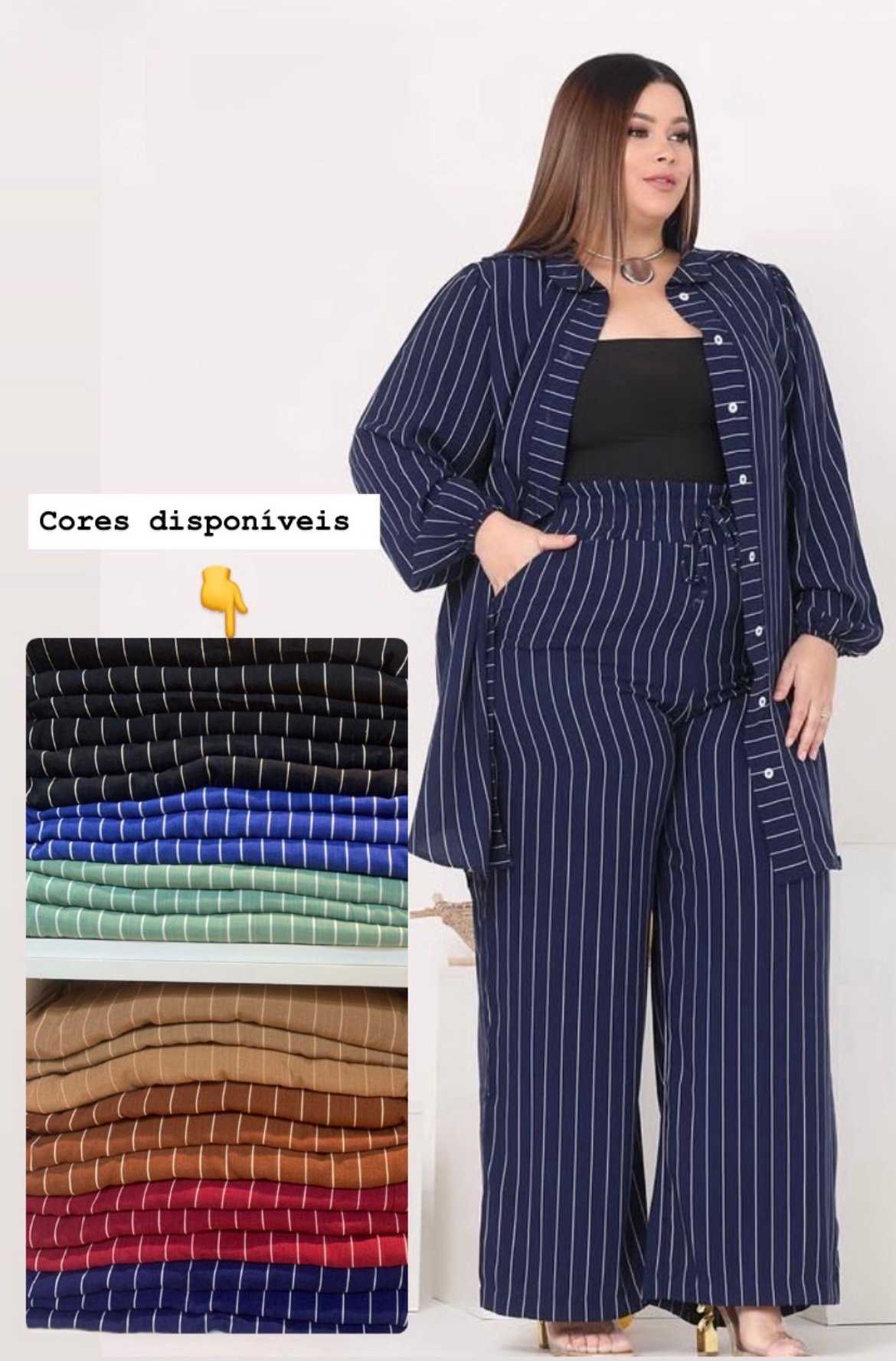 2831 Conjunto Sofia chemise botão manga longa e calça pantalona elástico listrado póa - Imagem 3