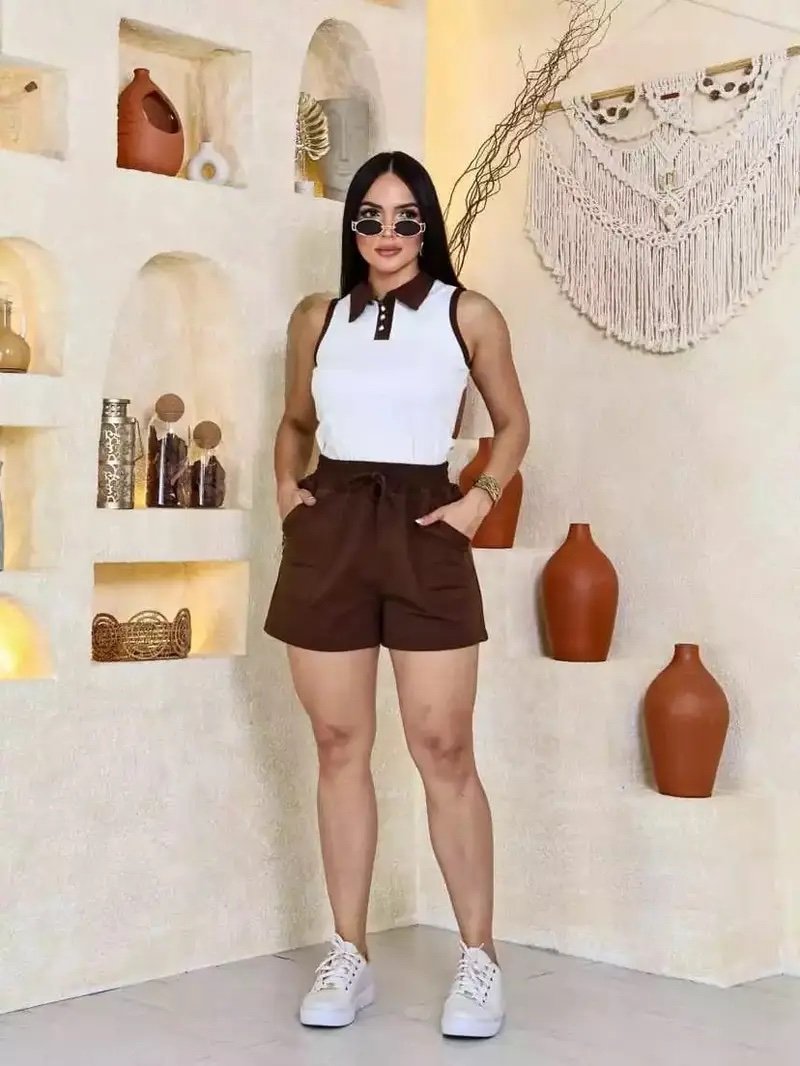 2205 Conjunto Jak blusa regata manga curta gola polo botão e shorts bolso moletom - Imagem 5
