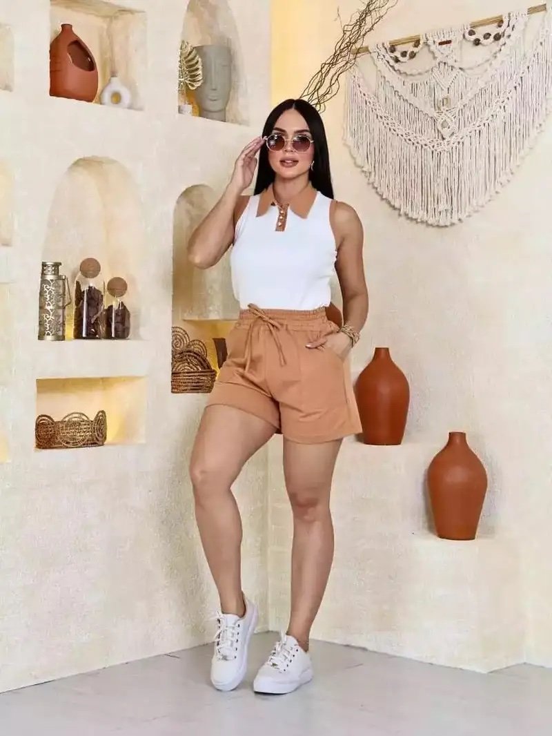 2205 Conjunto Jak blusa regata manga curta gola polo botão e shorts bolso moletom - Imagem 3