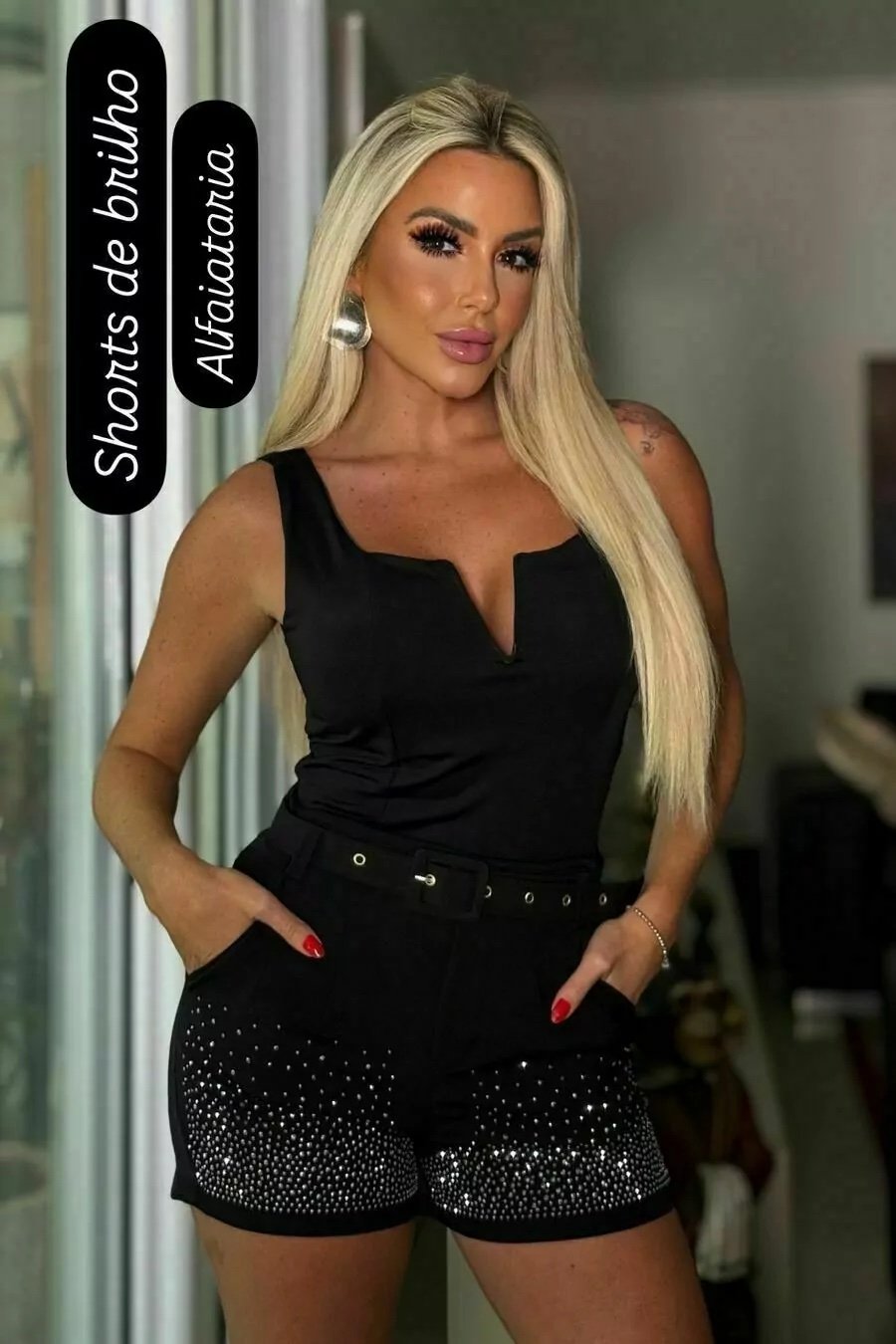 2056 Shorts Zara brilho strass com cinto alfaiataria - Imagem 2