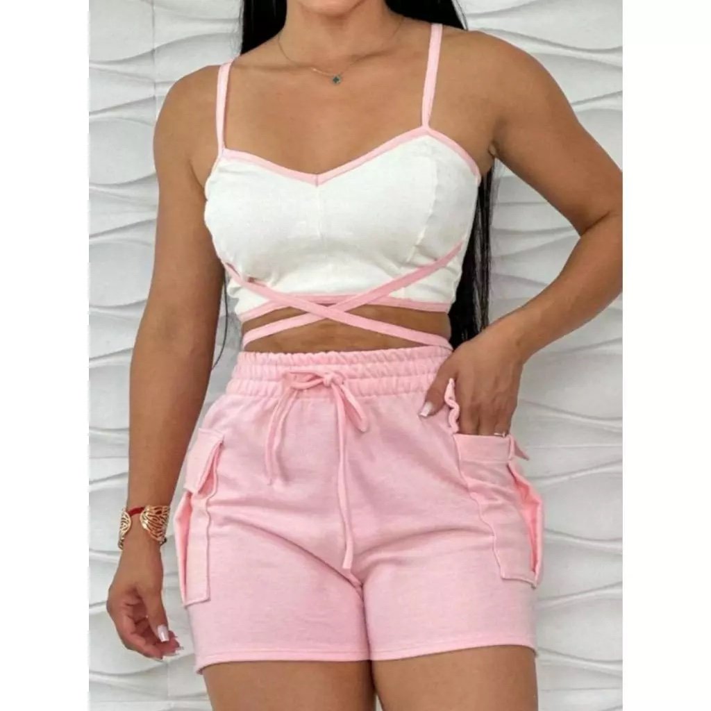 2028 Conjunto Herma cropped amarração bicolor e shorts liso cargo moletom - Imagem 3