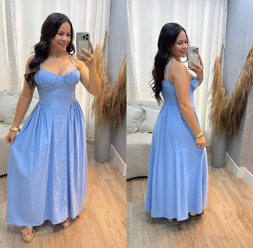 2048 Vestido Eveli longo corselet busto concha alça fina alfaiataria - Imagem 7