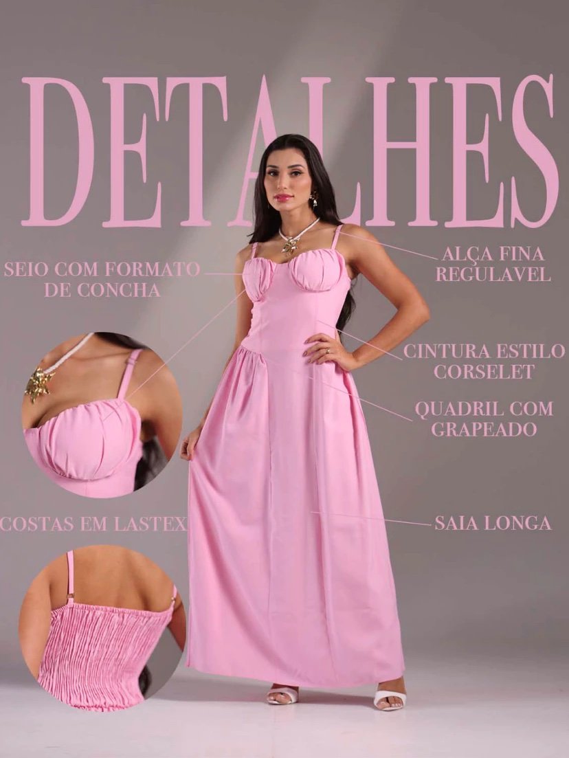 2048 Vestido Eveli longo corselet busto concha alça fina alfaiataria - Imagem 2