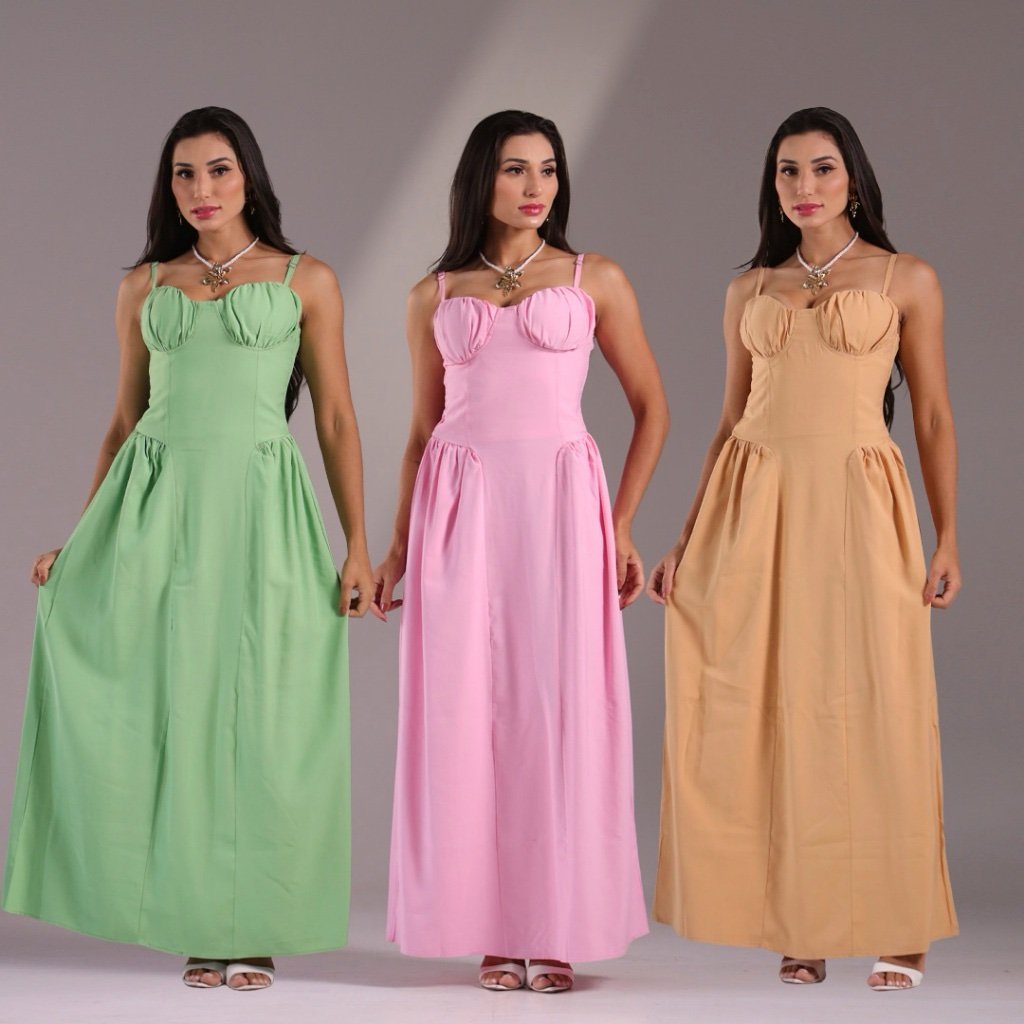 2048 Vestido Eveli longo corselet busto concha alça fina alfaiataria - Imagem 3
