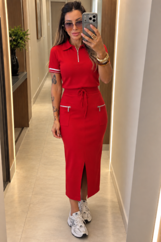 011 Conjunto Luli blusa polo zíper e saia midi fenda moletom