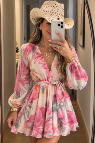 2038 Macaquinho vestido Adri manga longa estampado chiffon